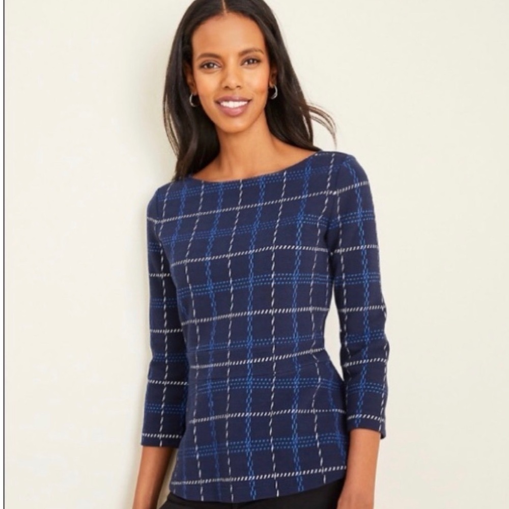 Ann Taylor Blue and Black Office Plaid Knit Peplum Top